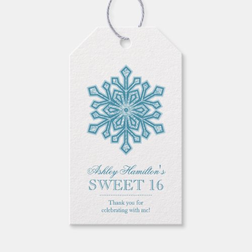 Teal Snowflake Faux Glitter Sweet 16 Winter Gift Tags