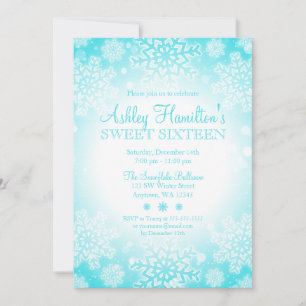 Teal Snowflake Glow Winter Wonderland Sweet 16 Invitation