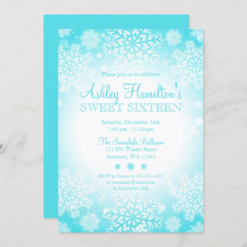 Teal Snowflake Glow Winter Wonderland Sweet 16 Invitation