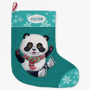 Teal Snowflake Ice Skating Panda Bear Large Christmas Stocking