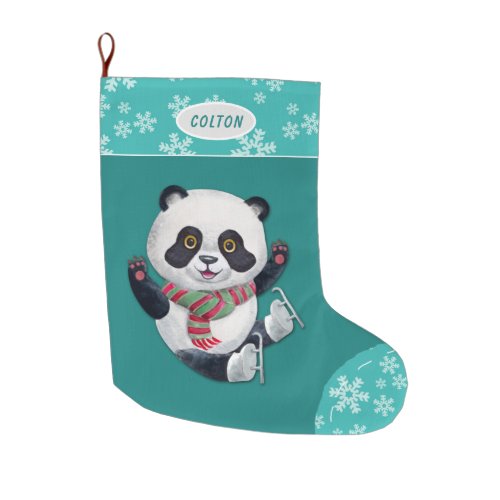 Teal Snowflake Ice Skating Panda Bear  Large Christmas Stocking