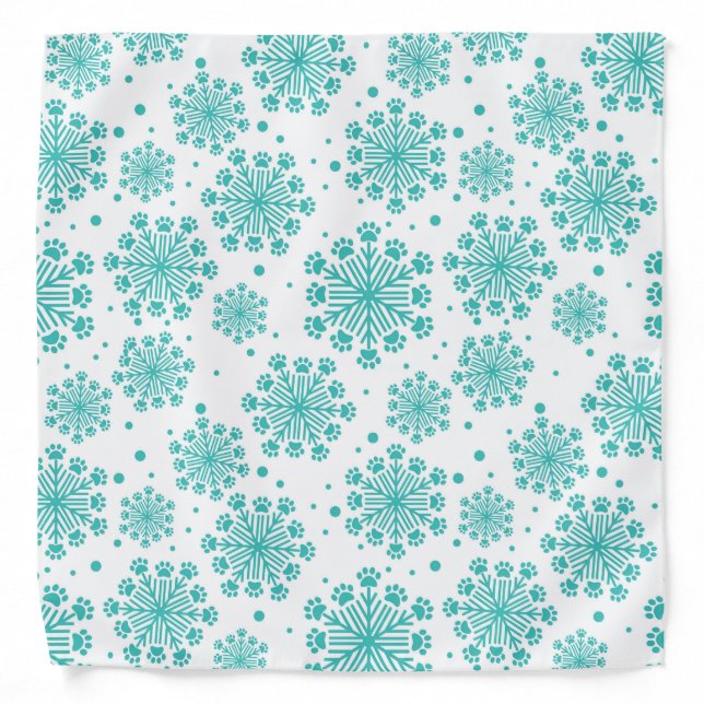 Teal  Snowflake on white with paw print pattern Bandana (Front)