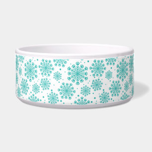 Teal Snowflake on white with paw print pattern Bowl