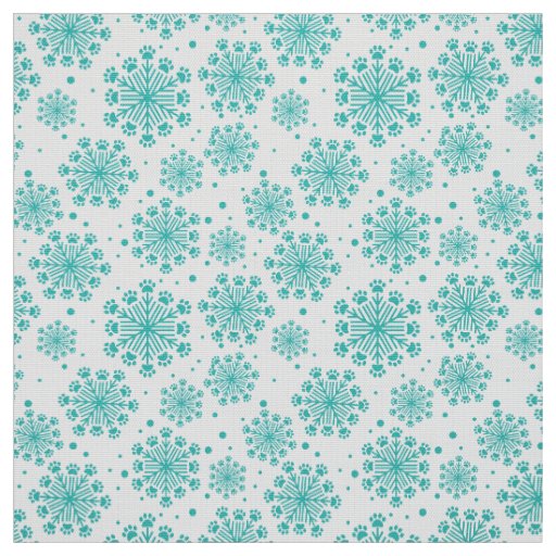 Teal Snowflake on white with paw print pattern Fabric