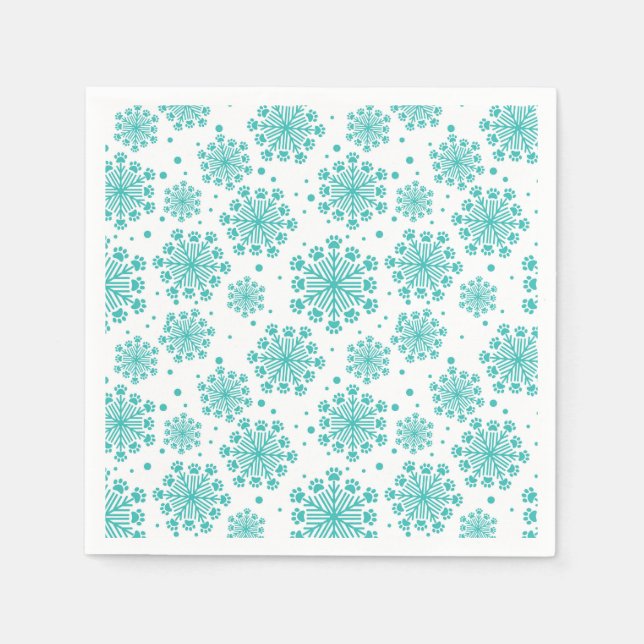 Teal  Snowflake on white with paw print pattern Napkins (Front)