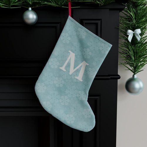 Teal Snowflake Pattern Monogrammed Large Christmas Stocking