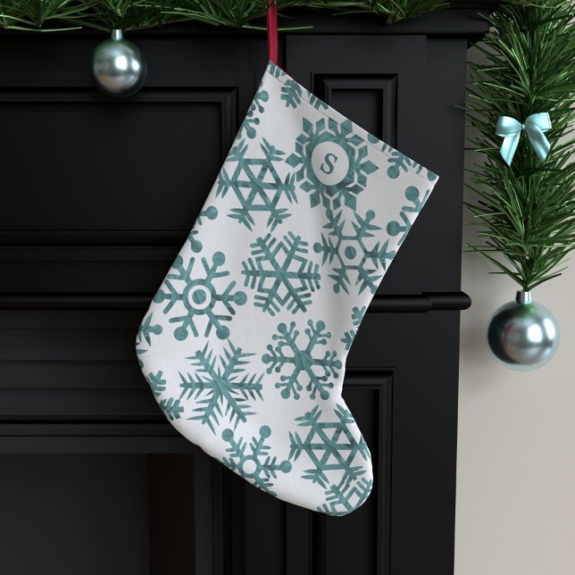 Teal Snowflake Pattern Monogrammed Large Christmas Stocking (Retro snowflake pattern stocking with space for your initial)