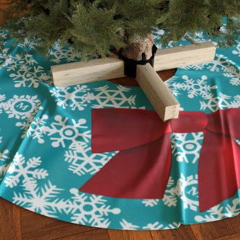 Teal Snowflake Red Bow Christmas Tree Skirt by mothersdaisy at Zazzle