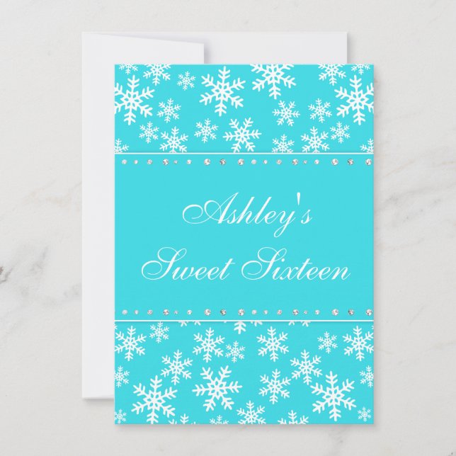 Teal Snowflakes Faux Diamond Sweet 16 Invitation (Front)