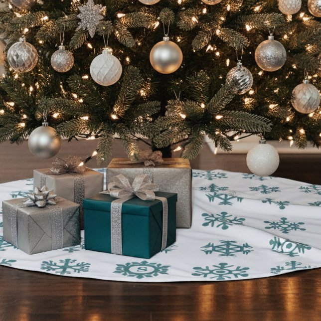 Teal Snowflakes Monogram Christmas Tree Skirt (Teal Snowflake Pattern White Christmas Tree Skirt with space for your initial)