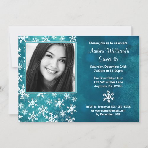 Teal Snowflakes Photo Sweet 16 Invitations