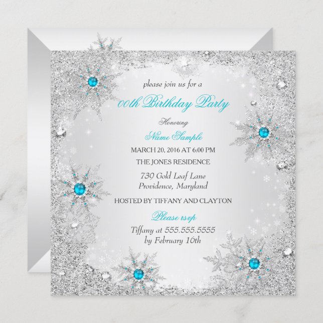 Teal Snowflakes Winter Wonderland Birthday Party Invitation (Front/Back)