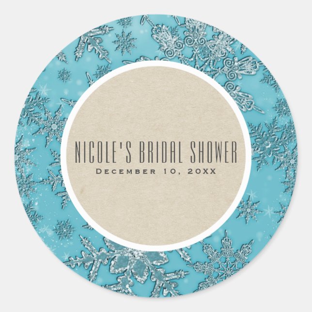 Teal Snowflakes Winter Wonderland Rustic Favor Classic Round Sticker (Front)