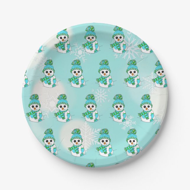 Teal Snowman and Snowflakes holiday Christmas Paper Plates (Front)
