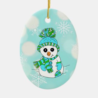 Teal Snowman and Snowflakes holiday Christmas part Ceramic Ornament