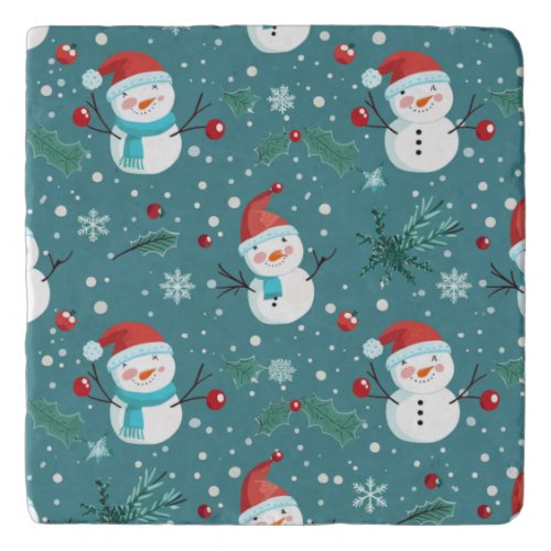 Teal Snowman, Holly, and Winter Pine Christmas Trivet