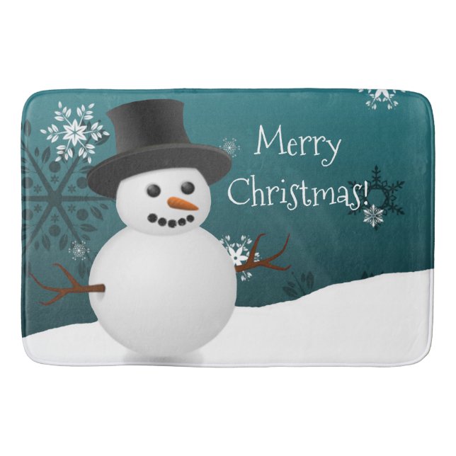 Teal Snowman Winter Scene Christmas Bath Mat (Front)