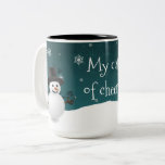 Teal Snowman Winter Scene Christmas Mug<br><div class="desc">Enjoy your morning coffee during the holiday season with this whimsical Teal Snowman Winter Scene Christmas Mug. Coffee mug design features a happy snowman in a snowy wintry scene against a teal background adorned with matching color snowflakes with the saying "My cup of cheer". Additional gift and holiday items available...</div>