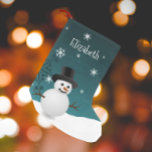 Teal Snowman Winter Scene Christmas Stocking<br><div class="desc">Add a whimsical touch to your mantle this holiday season with a personalized Teal Snowman Winter Scene Christmas Stocking. Stocking design features a happy snowman in a snowy wintry scene against a teal background adorned with matching color snowflakes. Additional gift and holiday items available with this design as well.</div>