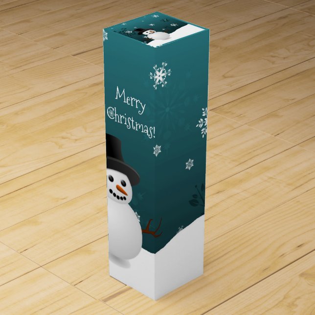 Teal Snowman Winter Scene Christmas Wine Gift Box (Front)