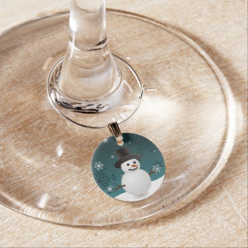 Teal Snowman Winter Scenery Christmas Wine Charm