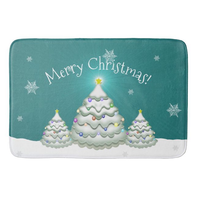 Teal Snowy Christmas Tree Bath Mat (Front)