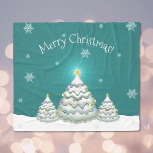Teal Snowy Christmas Tree Blanket