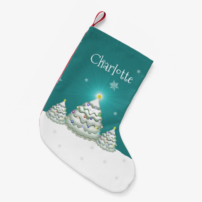 Teal Snowy Christmas Tree Christmas Stocking (Front (Hanging))