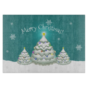 Teal Snowy Christmas Tree Cutting Board