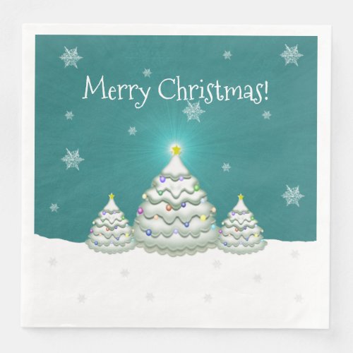 Teal Snowy Christmas Tree Paper Napkin