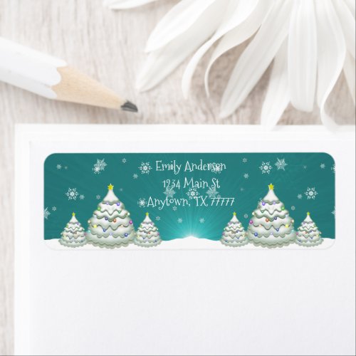Teal Snowy Christmas Tree Return Address Label