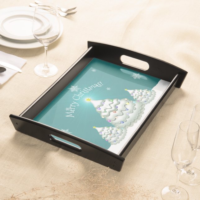 Teal Snowy Christmas Tree Serving Tray (Front)