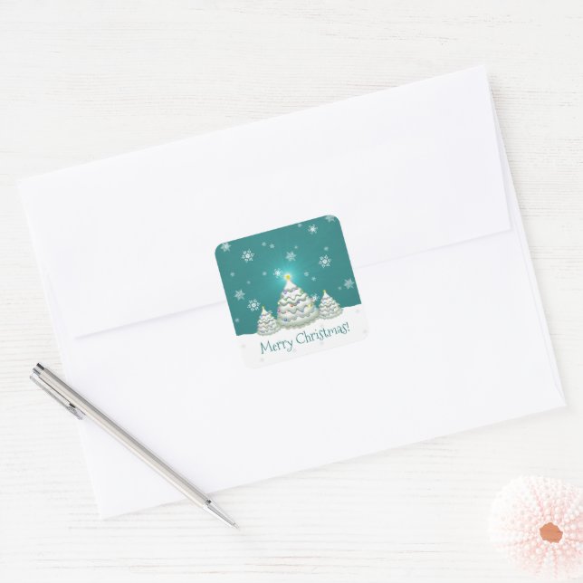 Teal Snowy Christmas Tree Sticker (Envelope)