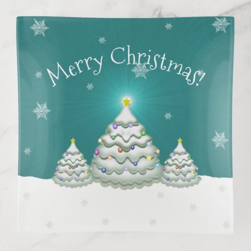 Teal Snowy Christmas Tree Trinket Tray