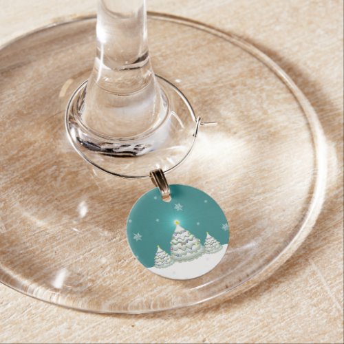 Teal Snowy Christmas Tree Wine Charm