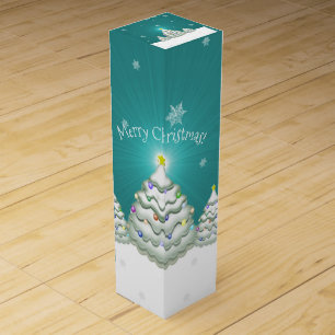 Teal Snowy Christmas Tree Wine Gift Box