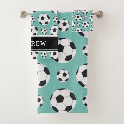 Teal Soccer Balls Pattern Kid Boy Girl Player Name Bath Towel Set
