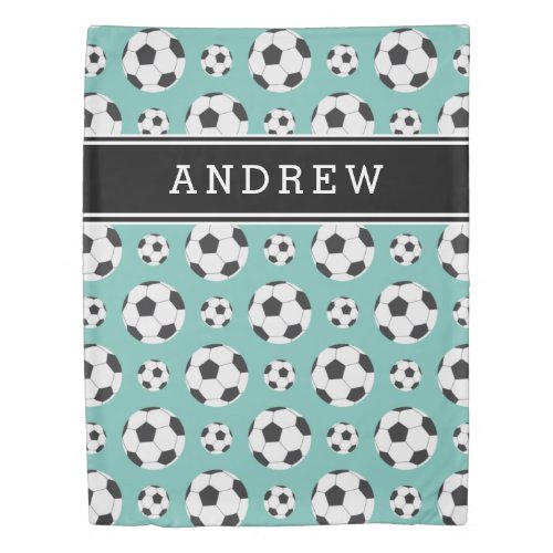 Teal Soccer Balls Pattern Kid Boy Girl Player Name Duvet Cover