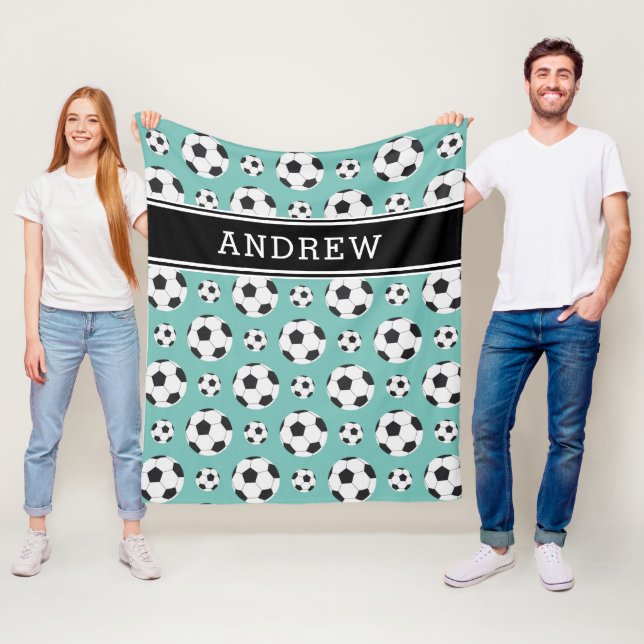 Teal Soccer Balls Pattern Kid Boy Girl Player Name Fleece Blanket (In Situ)