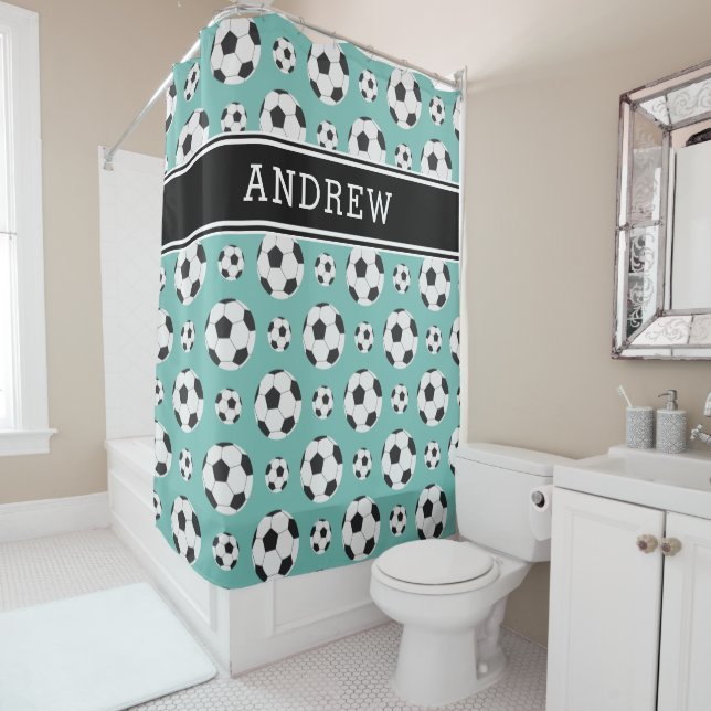 Teal Soccer Balls Pattern Kid Boy Girl Player Name Shower Curtain (In Situ)