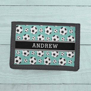 Teal Soccer Balls Pattern Kid Boy Girl Player Name Tri-fold Wallet