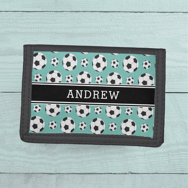 Teal Soccer Balls Pattern Kid Boy Girl Player Name Trifold Wallet (Creator Uploaded)