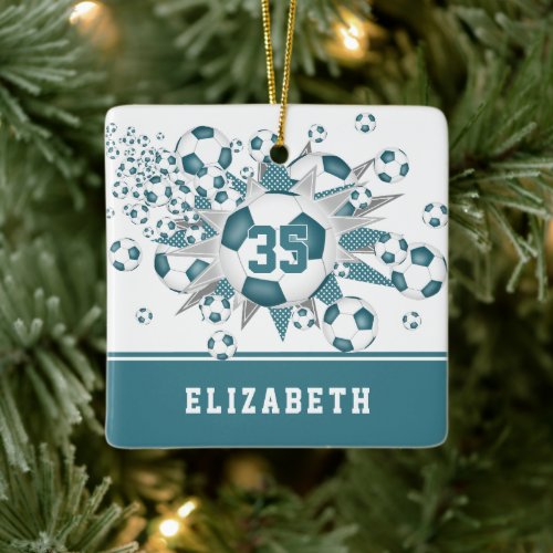 teal soccer balls stars girls personalized  ceramic ornament