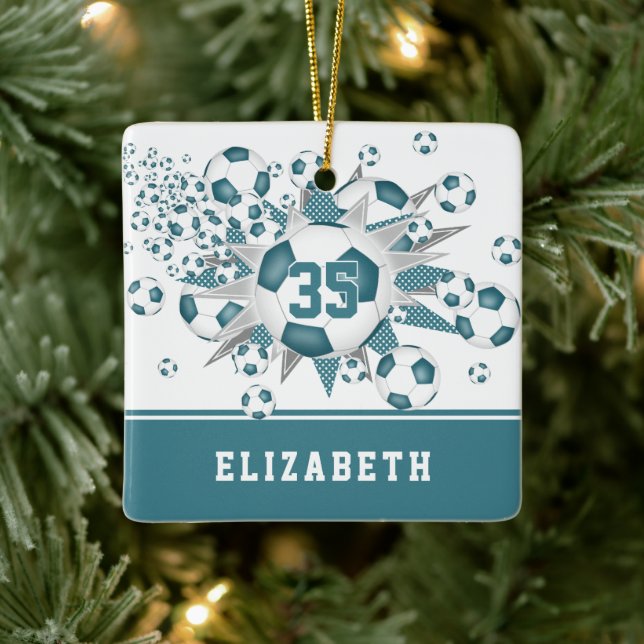 teal soccer balls stars girls personalized  ceramic ornament (Tree)