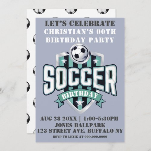 Teal Soccer Theme Birthday Party Invitations