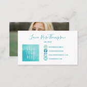 Teal Social Media Icons Photo Logo Pronouns Business Card (Front/Back)