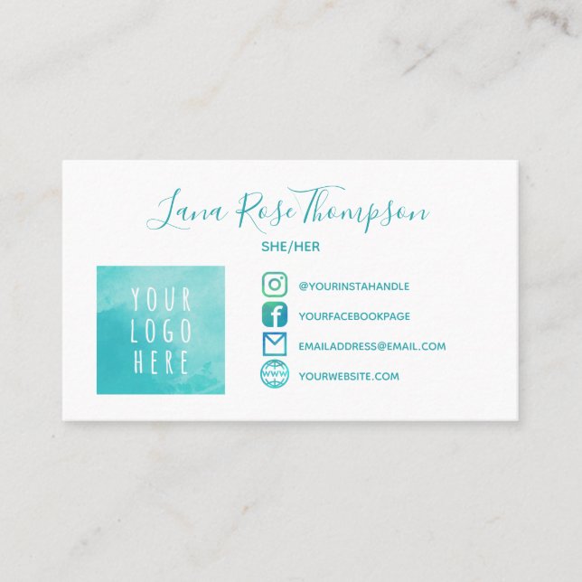 Teal Social Media Icons Photo Logo Pronouns Business Card (Front)
