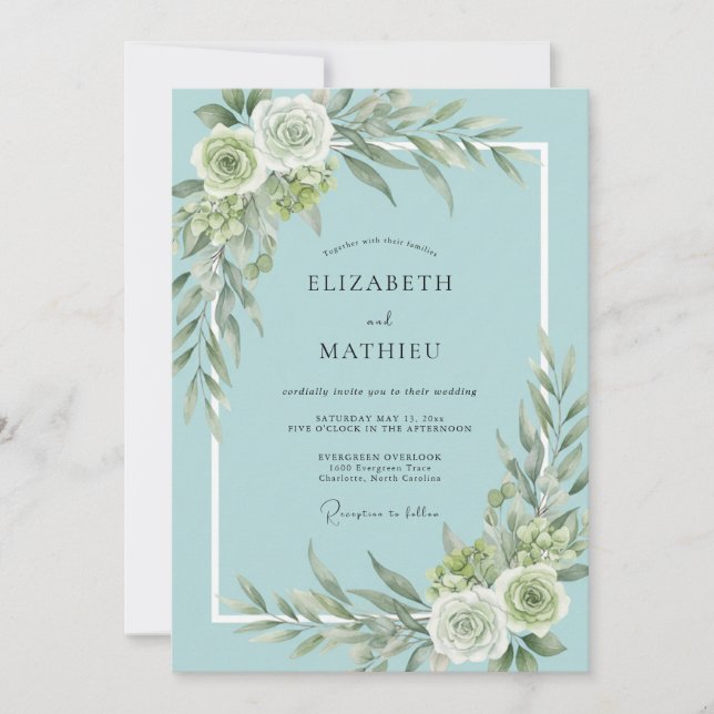 Teal Soft Blossom Wedding Invitation (Front)