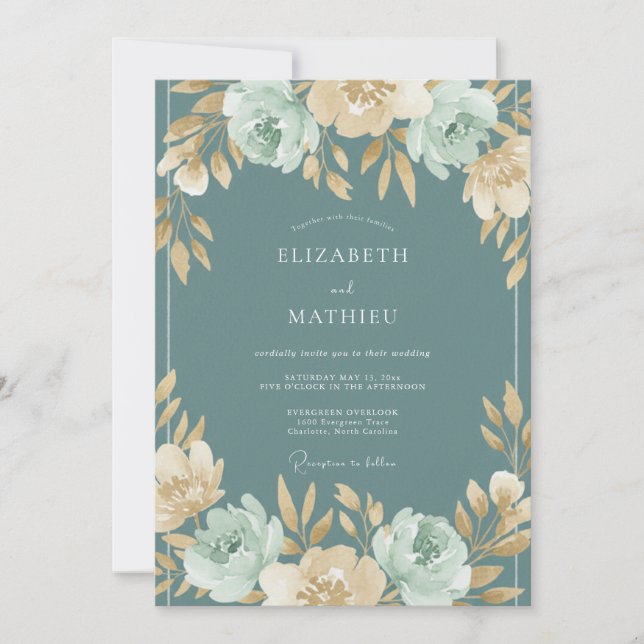 Teal Soft Botanical Bloom Wedding Invitation (Front)