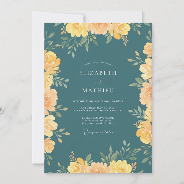 Teal Soft Gold Blossom Wedding Invitation (Front)